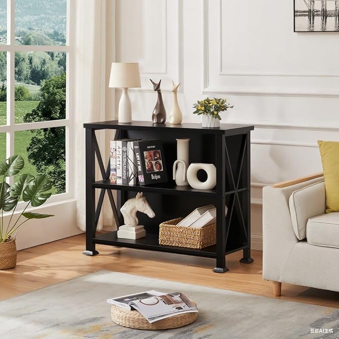 HOMBAZAAR Bookshelf,3 Tier Industrial Short Bookshelf with Metal Frame,Low Shelf Bookcase with Engineered Wood Shelves,Small Book Shelf for Living Room,Small Space and Office, Black