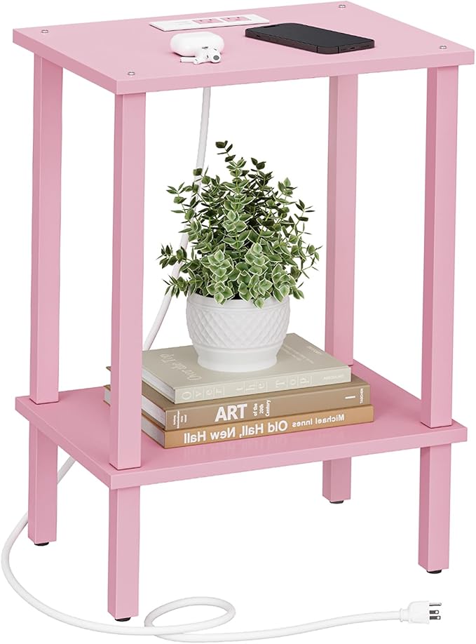 TUTOTAK End Table with Charging Station, Small Side Table with Outlets, Nightstand Bedside Table, 2-Tier Storage Shelf for Small Space, Living Room, Bedroom, Pink TB01BP040