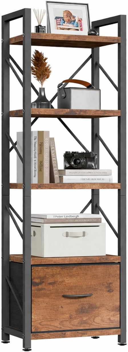 Shintenchi Bookshelf, 5 Tier Bookcase with Drawer, Modern Tall Bookshelves Storage Organizer, Industrial Book Shelves for Bedroom, Living Room, Office, Rustic Brown