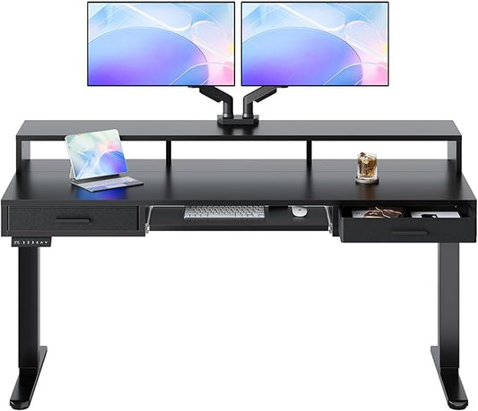 HUANUO 63″ x 26″ Electric Standing Desk with 2 Drawers &24.4″ Large Keyboard Tray, C-Clamp Mount Compatible, Adjustable Computer Desk for Office, Sit Stand Up Desk with 4 Height Presets, Black