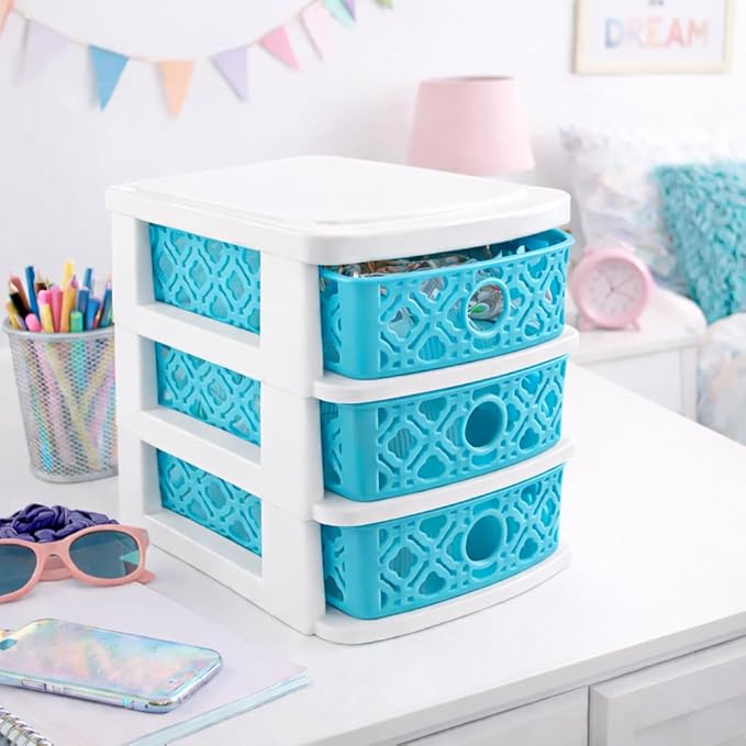 3 Drawer Basket Weave Mini Plastic Organizer Makeup HBA Cosmetics Arts & Crafts Desktop Stationary (Teal)