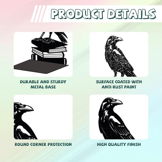 Peacoblue Metal Bookends for Shelves, Modern Decorative Heavy Duty Study Book Support Stoppers for Office, Desk, Shelf, Room 5.3"x4.3"x7.9" Cast Iron Simple Tall Bookends, 1 Pair (Crow on Book Stack)