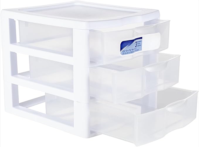 Small 3 Drawer Unit, Clear Plastic Countertop or Desktop Drawers, White