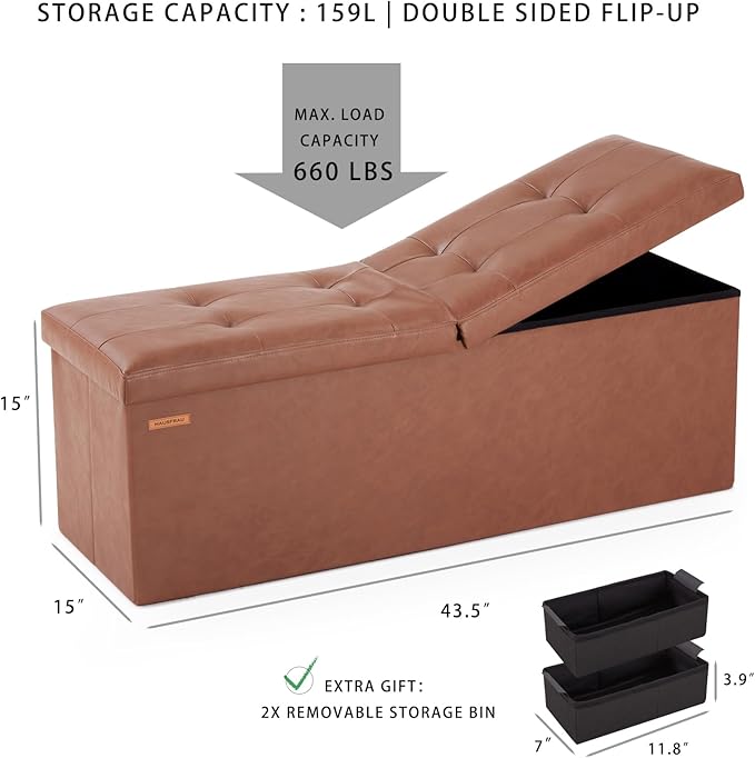 HAUSFRAU Storage Ottoman Bench with Flipping Lid, 43.3 Inches Storage Chest Footsrest, Folding Foot Stool for Entryway, Living Room, Bedroom, Linen Espresso Brown