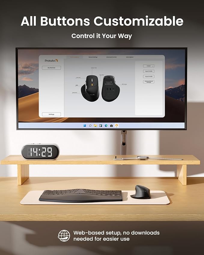 ProtoArc Ergonomic Wireless Mouse, EM25 Fast Scrolling & Side Scroll, Customizable Bluetooth Rechargeable Mouse, 8000 DPI for Medium to Large Hands, Compatible with Windows/Mac/Android, Black