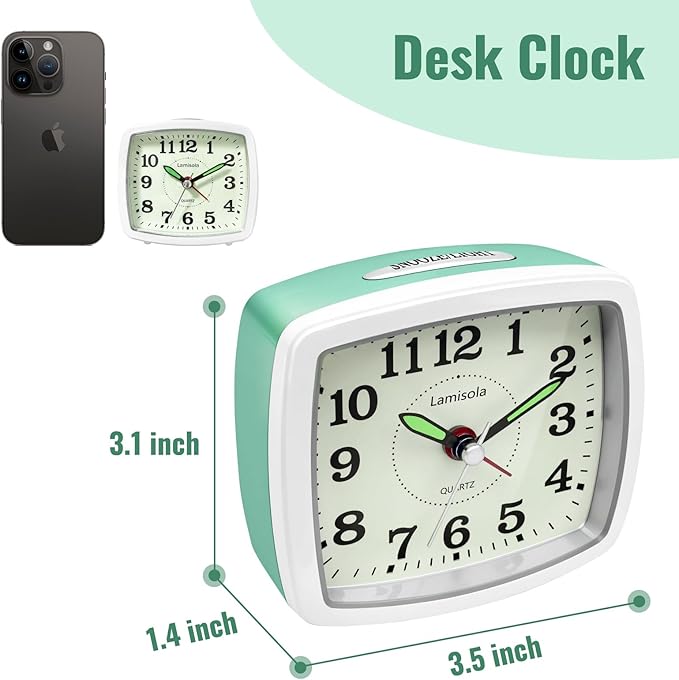 Lamisola Battery Analog Travel Alarm Clock, Small Clock for Bedroom, Desk Table Shelf Clocks for Room Office Bathroom Vanity, Aesthetic Retro Clocks for Kids Teen Seniors, Mint