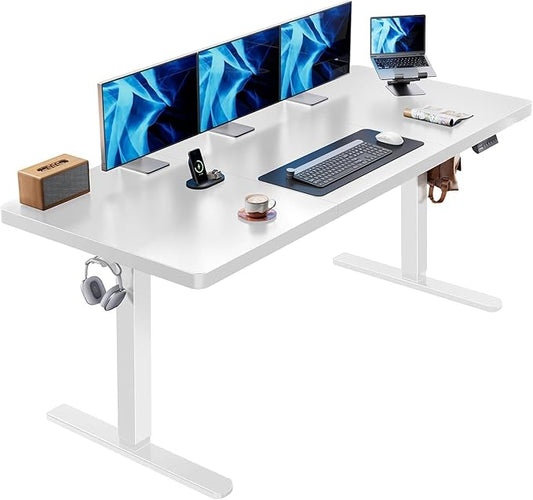 HUANUO 71 x 30 inch White Electric Standing Desk, Large Height Adjustable Table, 4 Memory Preset Sit Stand Up Desk, Powerful Brushless Motor Home Office Computer Table with Thick T-Shaped Frame