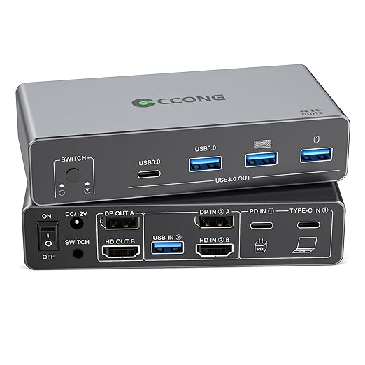USB C HDMI Displayport KVM Switch 2 Monitors 2 Computers,4K@60HZ Dual Monitors KVM Switches for 2 PC/Laptops Share Mouse Keyboard and 2 Screens,4 USB3.0 Devices,100W PD Port for Laptop