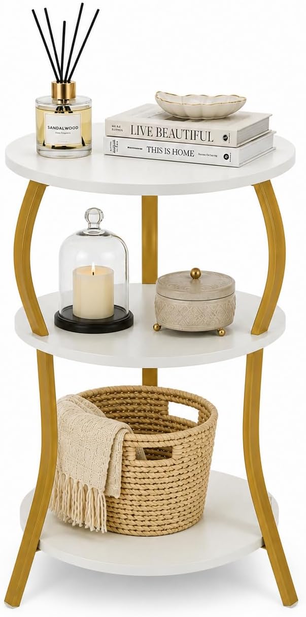 Vintage Small Round Side Table, 3-Tier Slim Waist Circular End Table with Storage Shelf, Compact Tea Sofa Table, Round Corner Coffee Table Nightstand for Living Room Bedroom Small Spaces,White+ Gold