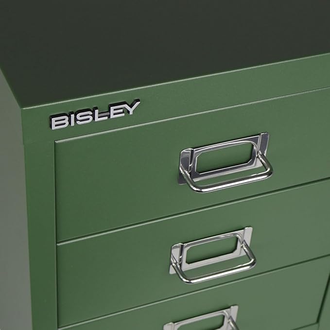Bisley 3-Drawer Steel MultiDrawer Cabinet - Olive Green, Chrome Pull Handles with Label Holders, Powder-Coated Steel, Removable Drawers, Desktop Storage, Labels Included