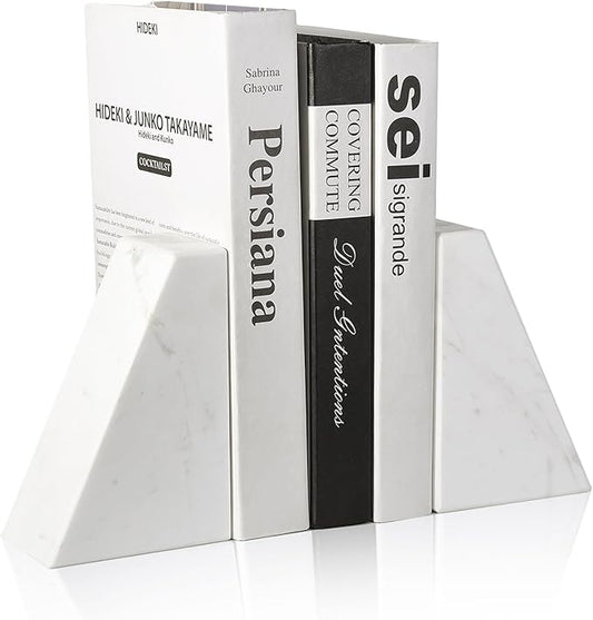 Karibiber Marble Bookends for Heavy Books, Decorative Book Ends for Shelves, White Stone Durable and Heavy-Duty Book Ends for Hardback Books & CDS, Unique Book Stopper & Holder, Set of 2