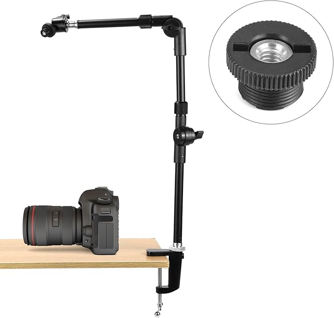 QWORK 25" Webcam Stand Camera Mount with Phone Holder, Gooseneck Camera Stand Desk Clamp & 5/8" Screw for Action Cameras, Projectors