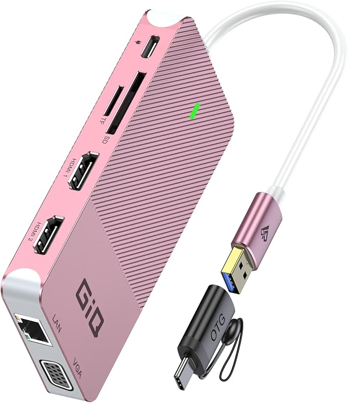 USB Docking Station GIQ USB C hub USB 3.0 to Dual HDMI VGA Adapter Triple Display USB C Laptop Docking Station Dual Display Compatible for MacBook M1 USB Dock-Rose Gold