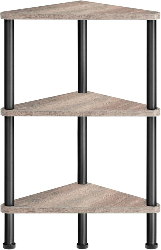 HOOBRO Corner Shelf Stand, Industrial 3-Tier Wall Corner Bookshelf with Metal Frame, Plant Display Shelf, Bookcase for Small Spaces, Living Room, Greige and Black BG30CJ01