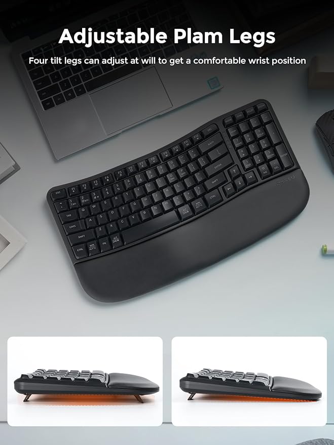 DAREU Wireless Ergonomic Keyboard,Ergo Keyboard with Cushioned Wrist & Palm Rest,2.4GHz / BT Ergonomic Wave Keys Computer Keyboard,3 Multi-Device Connectivity for Laptop,Mac,Windows - Black