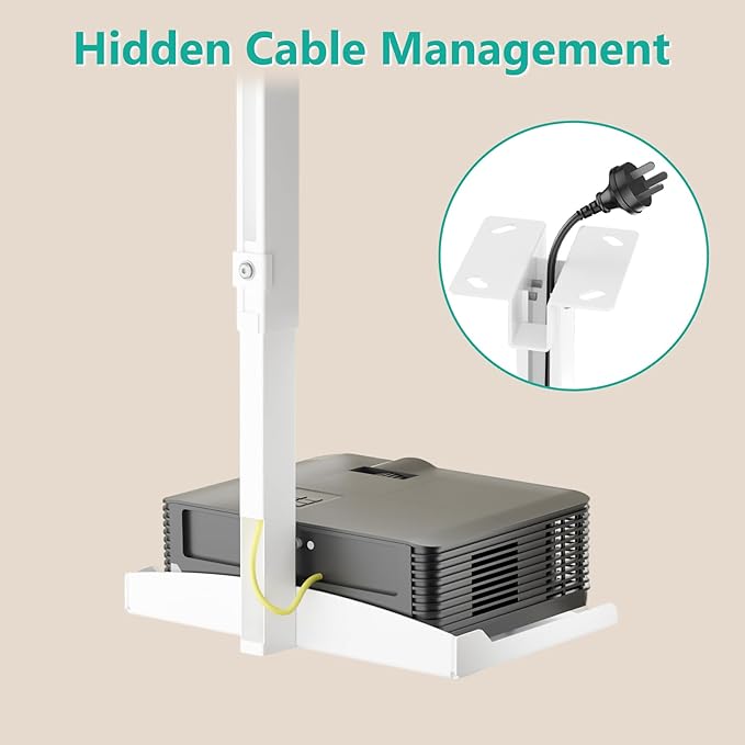 WALI Projector Ceiling Mount Tray, Height Adjustable Wall Mount Holder for Projectors, Hidden Cable Management, Fits Projectors up to 22lbs, 13.7" x 8.6" Platform, White (PM-005-W)