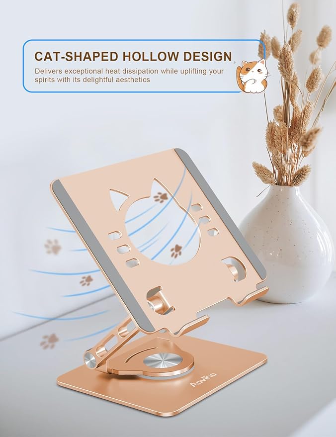 Aoviho Tablet Stand 360° Rotating Aluminum Holder, Adjustable, Portable and Foldable Monitors Stand for iPads, Compatible with 4-12.9" Tablets, Golden