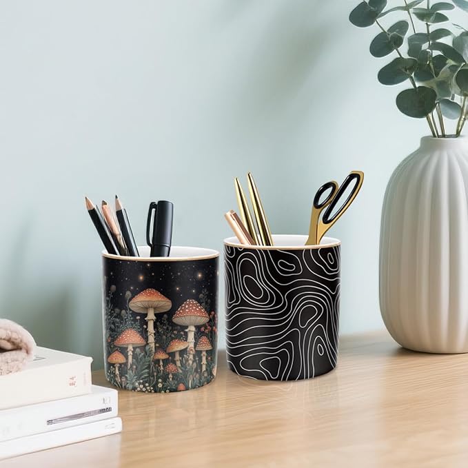WAVEYU Cute Pen Pencil Holder for Desk, Durable Ceramic Organizer Decor for Room, Office, Classroom, Mushroom Pattern