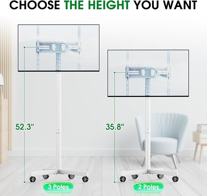 Mobile TV Cart Rolling TV Stand for 23-60 Inch LCD LED OLED Flat Curved Screens up to 88 lbs, Height Adjustable Portable TV Stand on Wheels, Outdoor TV Stand Mount, Max VESA 400x400mm, White