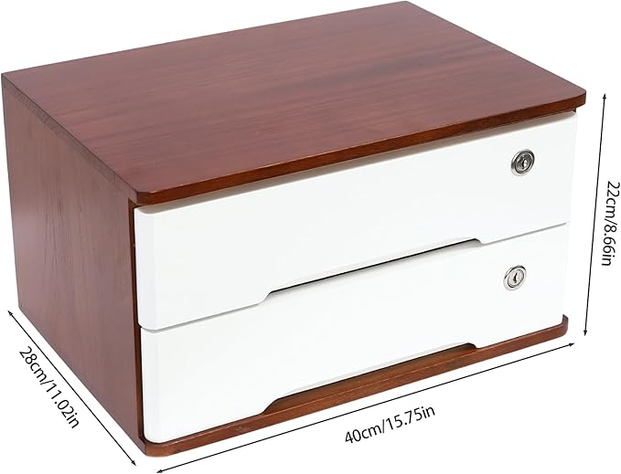 Wooden Desk Organizer with Drawers & Lock Desktop Storage Cabinet Tabletop Organizing Unit for Home Office Supplies File Stationery Jewelry (Dark Brown, 2 Tiers)