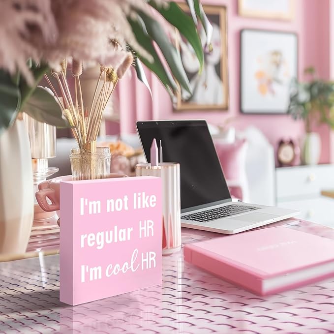 LVQHI Playful Pink Wooden Block Sign, I'm Not Like Regular HR I'm Cool HR Professional Gift, Trendy Office Humor Desk Decor, Workplace Motivation Decor 5"L x 5"W x 1.2"H
