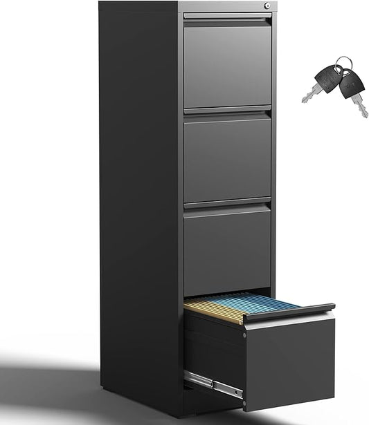 IKIMI 4 Drawer File Cabinet with Lock,Metal Filing Cabinets,Black Vertical File Cabinet for Home Office,Heavy Duty Metal Storage Cabinet for A4/Letter/Legal Size File,Assembly Required