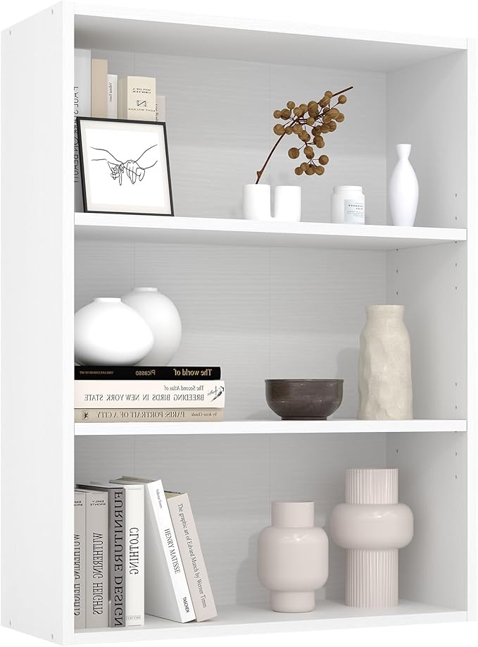 Sweetcrispy Industrial 3 Shelf Bookcase - Large 31.5 Inch Tall Floor Standing Open Bookshelf for Home Office, Living Room, and Bedroom Storage, White