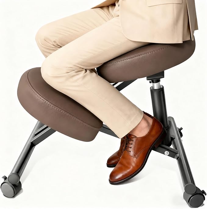 PU Leather Ergonomic Kneeling Chair, Adjustable Home and Office Stool with Thick Pads and Flexible Lockable Brake Wheels for Back Pain Relief（Dark Brown）