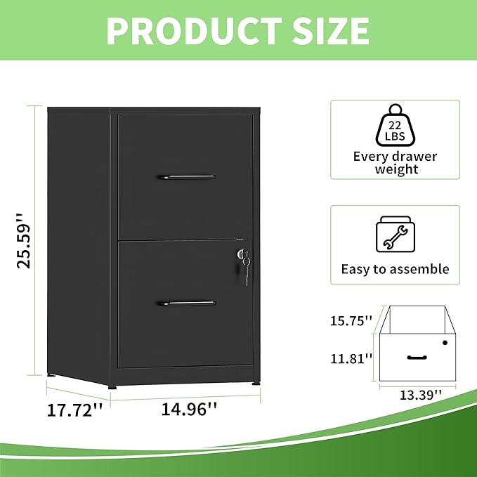 IKIMI 2 Drawer File Cabinet with Lock,Metal Filing Cabinets for Home Office,Steel Vertical File Cabinet,Heavy Duty Metal Storage Cabinet for Letter Size Files,Assembly Required