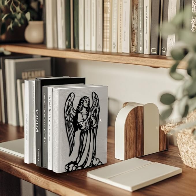 Peacoblue Metal Bookends for Shelves, Modern Decorative Heavy Duty Study Book Support Stoppers for Office, Desk, Shelf, Room 5.3"x4.3"x7.9" Cast Iron Simple Tall Bookends, 1 Pair (Angel)