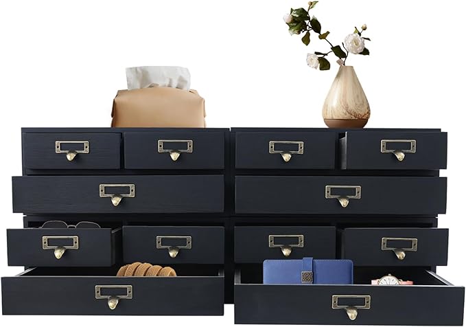 4 Packs Vintage Desktop Apothecary Cabinet with 3 Drawers, Vintage Desktop Organizer Wood Desktops Organizers Stackable Drawers Chest Drawer for Herb Storage Tea Collection Stationery (Black)