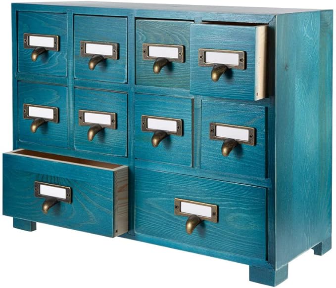 Apothecary Cabinet with 10 Drawers & Labels Rustic Library Card Catalog Cabinet Desktop Wooden Storage Box for Organize Herbal、Tea Bag、Jewelry (Blue)