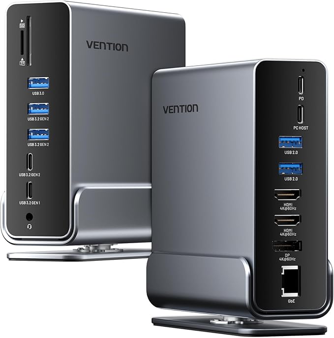 VENTION 15-in-1 Laptop Docking Station Dual Monitor, 360° Roatable Triple Monitor Docking Station with 2 * 4K HDMI and 1*DP, PD 100W Charging for Laptop, 10Gbps USB Port Transfer, RJ45, Audio, SD/TF