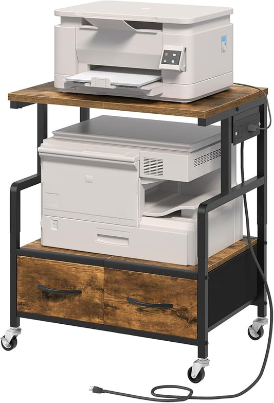 YATINEY Printer Stand, 3 Tier Printer Cart with Power Outlet and Fabric Drawers, Industrial Mobile Printer Table on Wheels, Printer Stand with Storage for Home Office, Study, Living Room PS03BR