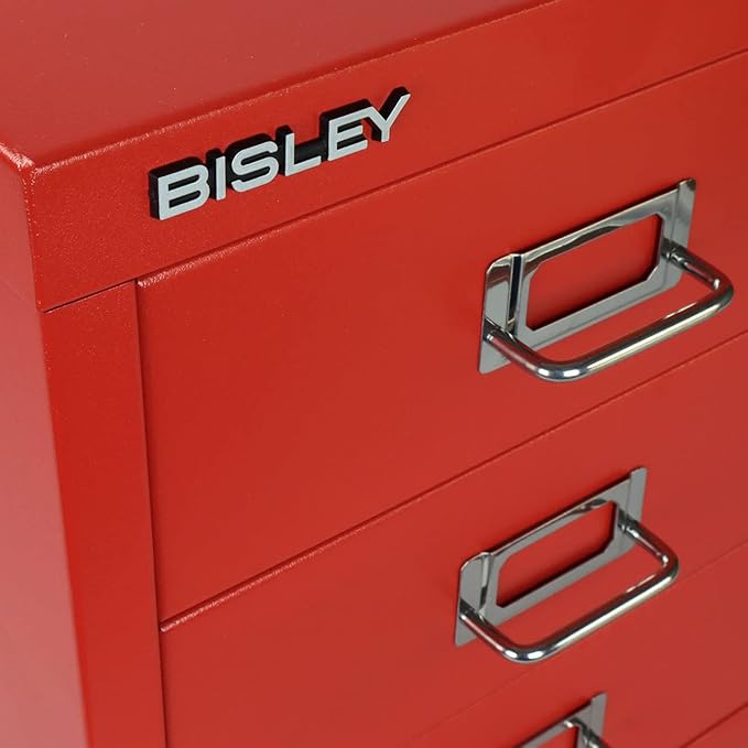 Bisley 3-Drawer Steel MultiDrawer Cabinet - Cardinal Red, Chrome Pull Handles with Label Holders, Powder-Coated Steel, Removable Drawers, Desktop Storage, Labels Included