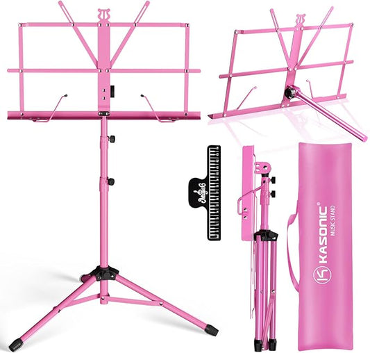 K KASONIC - Music Stand, 2 in 1 Dual-Use Folding Sheet Music Stand & Desktop Book Stand, Portable, Lightweight with Music Sheet Clip Holder & Carrying Bag Suitable for Instrumental Performance (Pink)