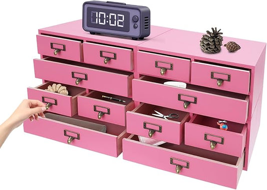 4 Packs Vintage Desktop Apothecary Cabinet with 3 Drawers, Vintage Desktop Organizer Wood Desktops Organizers Stackable Drawers Chest Drawer for Herb Storage Tea Collection Stationery (Pink)
