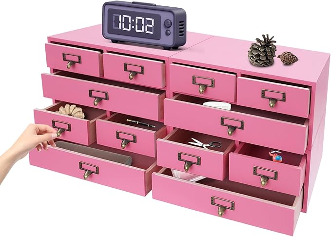 12 Drawers Apothecary Cabinet, 4-Pack Wood Tabletop Medicine Cabinet, Vintage Desktop Drawer Library Card Catalog Cabinet Wooden Chest Drawer Organizer for Tea Herbs Jewelry Stationery (Pink)