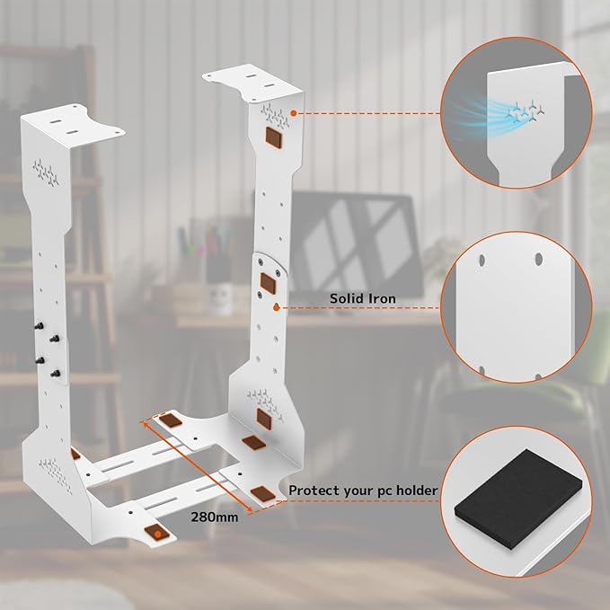PUTORSEN Under Desk PC Mount, 7.9-13.4’’ Width Adjustable Computer Tower Stand, up to 77 lbs, with Protective Mats, for Mid/Mini-Tower Case in Office,Gaming, Laboratory and Home, White