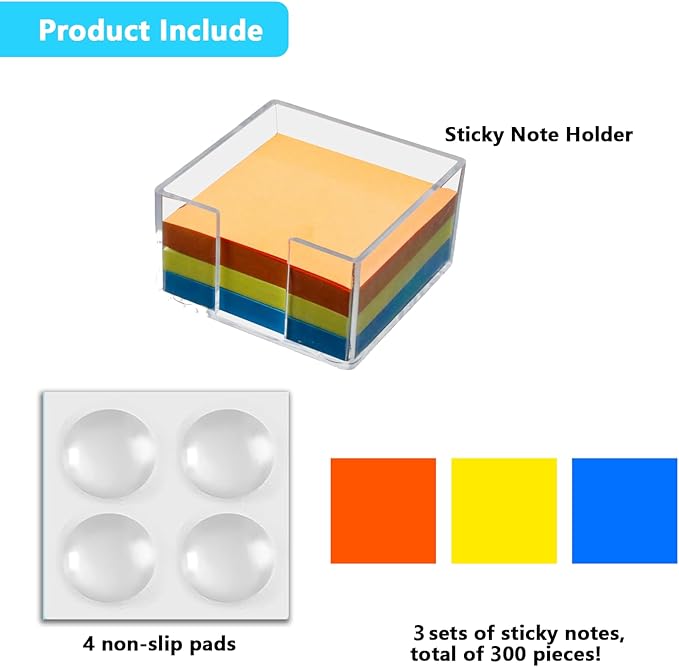 Acrylic Sticky Note Holder - 3 x 3 Sticky Note Dispenser with 3 Sets of Sticky Notes for Office and Home Desktop Organizer