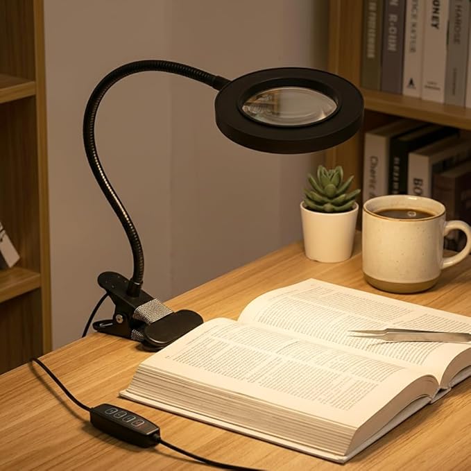 10X Magnifying Glass with Light, 2 in 1 Magnifying Desk Lamp Clip on Mganifier, 3 Color Modes & 10 Brightness Levels, USB Powered Magnifier Light for Bed Crafts DIY Repair(Size:95mm)