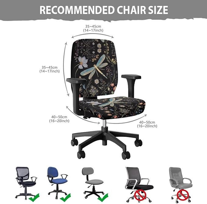 Dragonfly Flower Office Chair Covers Stretchable Computer Chair Seat Cover 2 Piece Desk Chair Slipcovers Protector Universal Fit Desk Rotating Chair,Computer Chair Office Decor
