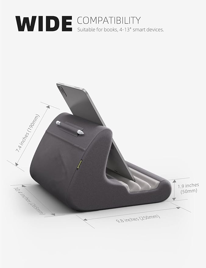 Lamicall Tablet Stand Pillow Holder - Tablet Pillow Soft Pad for Bed, Lap Phone Stand with Stylus Mount & Pocket, for iPad Pro 12.9, Air, Mini, Kindle, Galaxy Tab and 4-13" Devices, Grey, Mother's Day