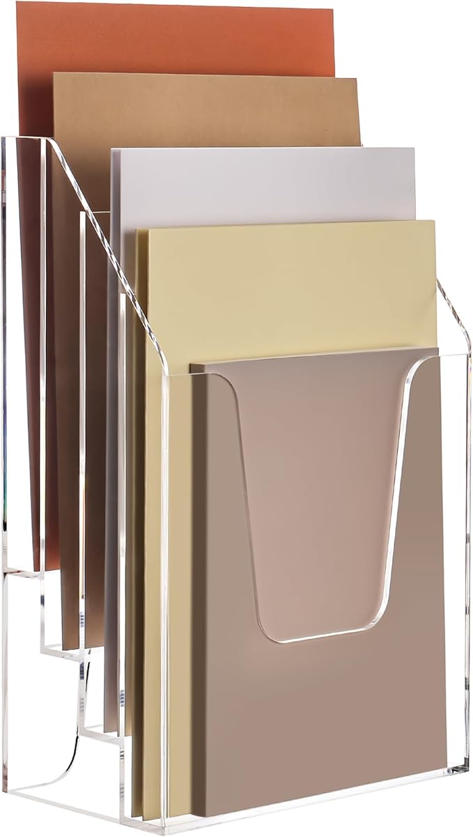 YUXUN Vertical Triple File Folder Holder Organizer,Acrylic File Organizer, File Sorter Clear Crystal