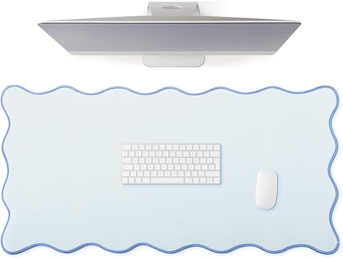 Hahafelt Scalloped Desk Mat Large Scalloped Piping Cute Desk Mat Aesthetic Preppy Table Pad Large Nonslip Pad with Edge Stitching Waterproof Gaming(Blue,36 x 17 Inches)