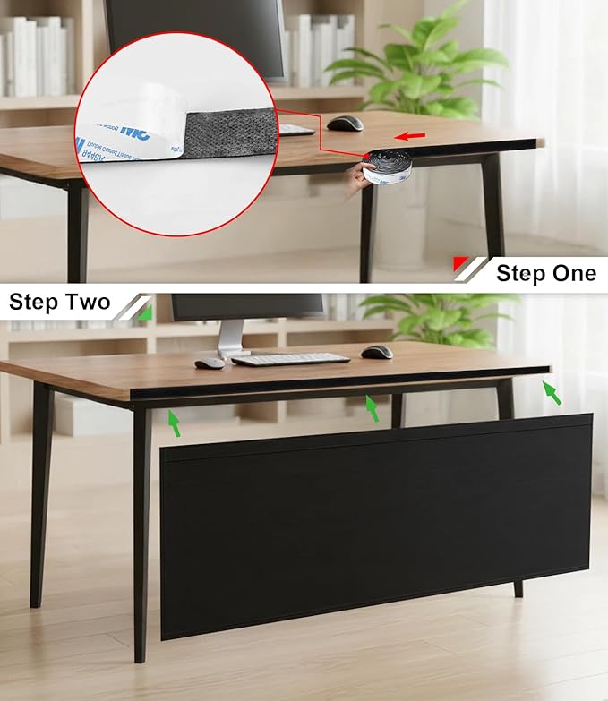 Under Desk Privacy Panel with Table Cable Management, 48 Inch Desk Skirt Modesty Desk Panel with Self-Gripping Straps for Office Home, Premium Silver-Plated Interior to Provide Better Privacy