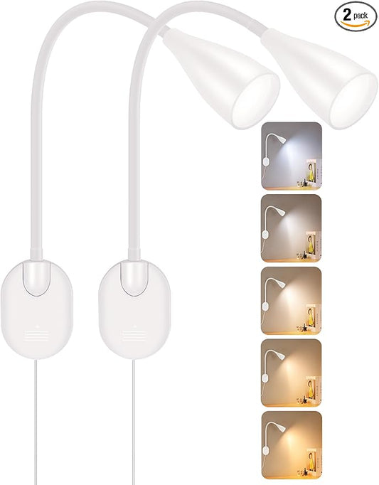 2 Pack LED Wall Mounted Bedside Reading Light, 3 Color Modes,10 Brightness Dimmable, USB Charging Port, Memory Timer Adhesive Wall Light Night Lamp for Books in Bed, Eye-Caring Bedroom Lighting White