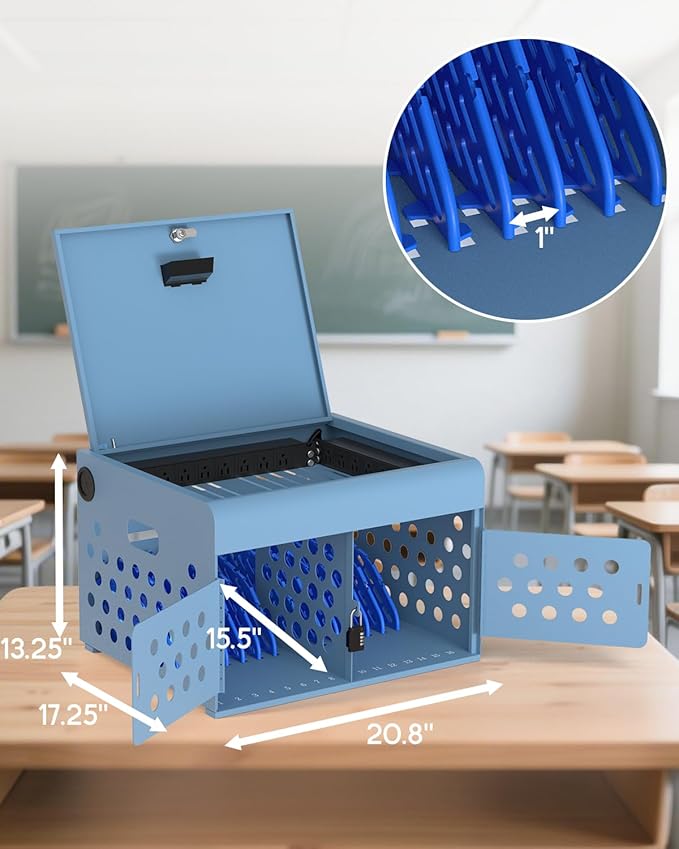 16-Device Charging Station for Laptops & Tablets, Wall-Mount Metal Charging Cabinet for Chromebooks, iPads – Lockable Charging Cart with Cable Management & Power Organization for Schools & Offices
