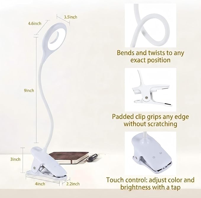 LACOKI Clip on Rechargeable Reading Light for Bed, 3 Color x 3 Brightness 28 LEDs Desk Light, Eye-Caring Desk Lamp with Clamp for Headboard, Table, Desk