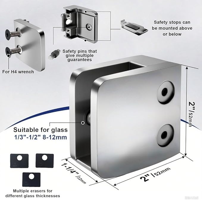 Glass Clamp - 40PCS,for 1/3 "-1/2 "（8mm-12mm） Tempered Glass, Stainless Steel 304 Flat Back Square Casting Polished for Indoor/Outdoor Balustrade, Stair Handrail (LIUCHONGYANG99)